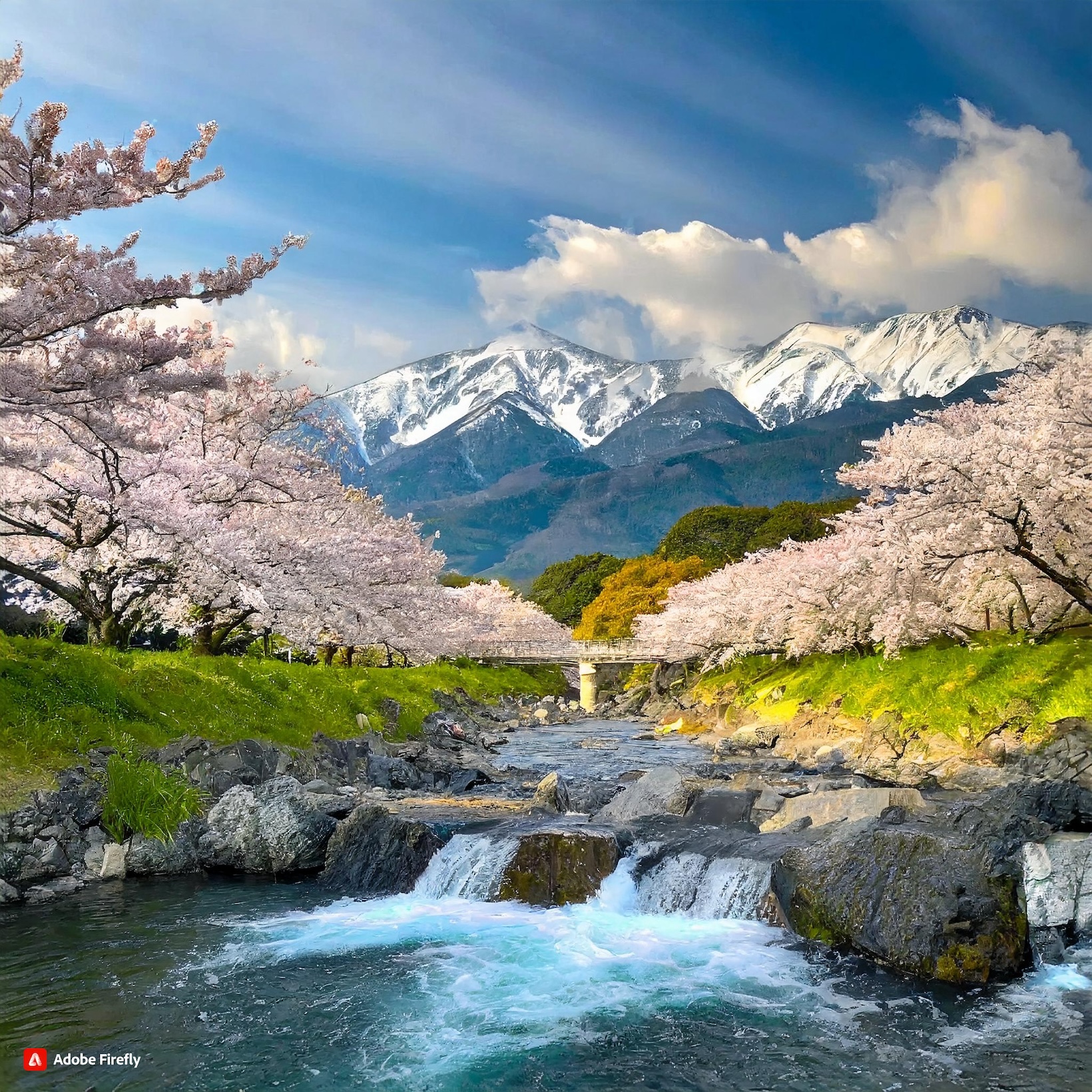  Firefly cherry blossom trees blowing in the wind while koi fish swim freely down a freshwater stream